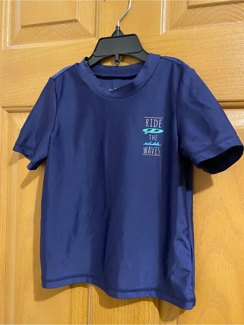 Cat & Jack Navy Short Sleeve Rashguard with Teal 'Ride the Waves' Graphic